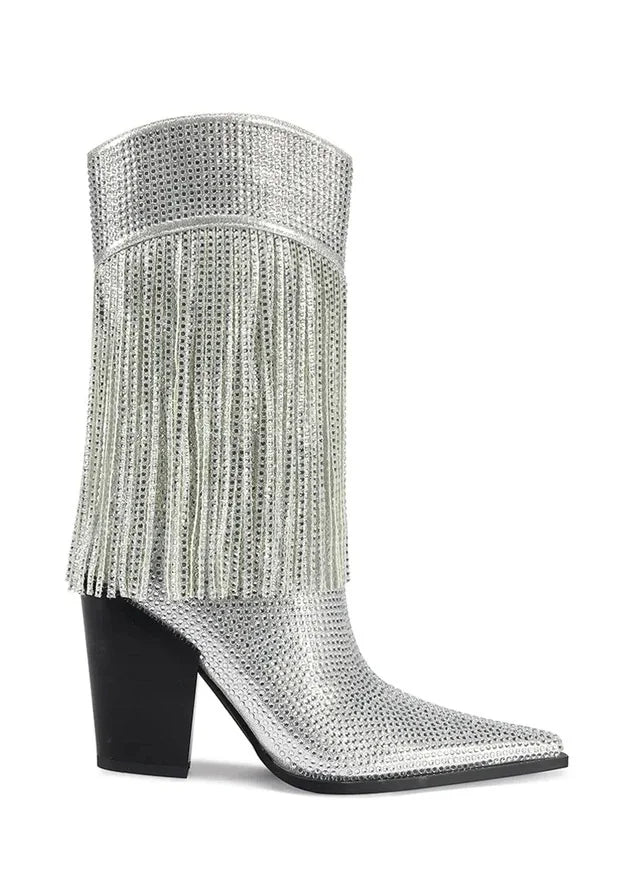Stivali da Donna con Strass e Frange, Punta Affusolata, Tacco a Spillo, Design con Cerniera, Taglie Grandi