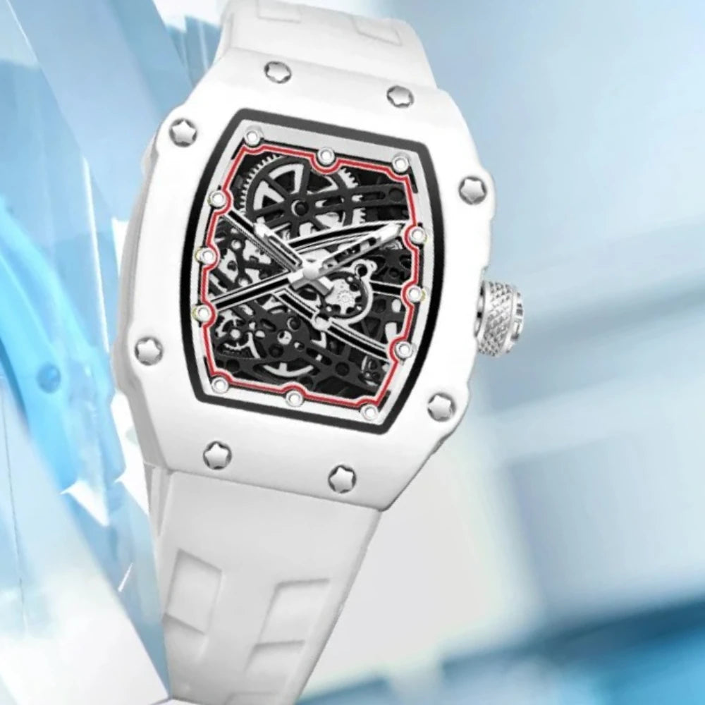 Orologio al Quarzo Ultra-Sottile Tonneau per Uomo, Design Creativo Bianco con Quadrante Cavo, Super Luminoso, Personalizzabile, Orologio AAA Relogio