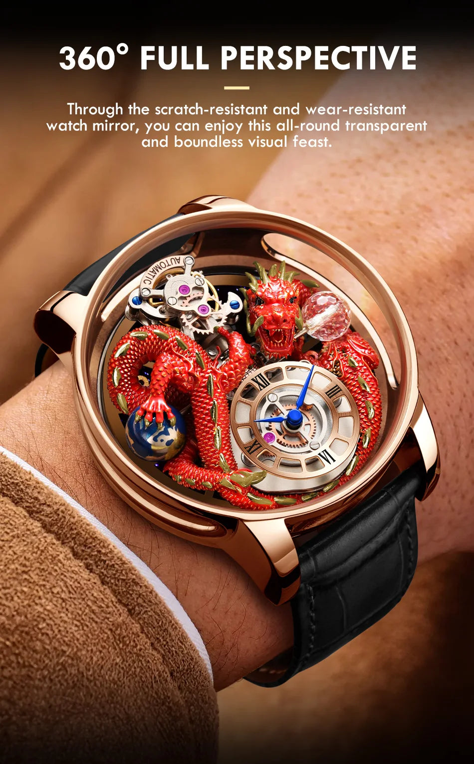 2024 PINDUCelestial Series orologio da uomo Traditionnelle Artisanat Dragon orologio al quarzo specchio curvo orologio dal Design completamente trasparente