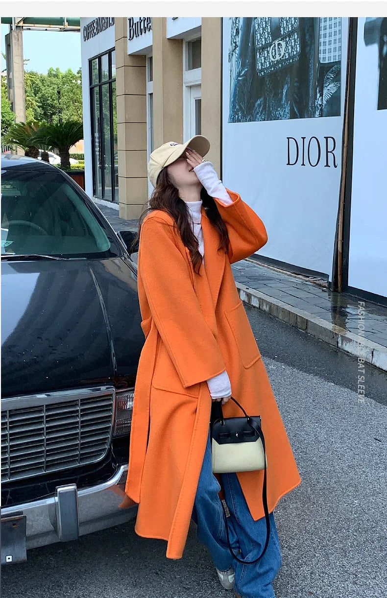 2024 Donne di Inverno di Lusso Fatti A Mano Cappotti di Lana Double Face 100% X-Lunghi Cappotti di Design Coreano Delle Donne Della Tuta Sportiva Cappotti Rosa