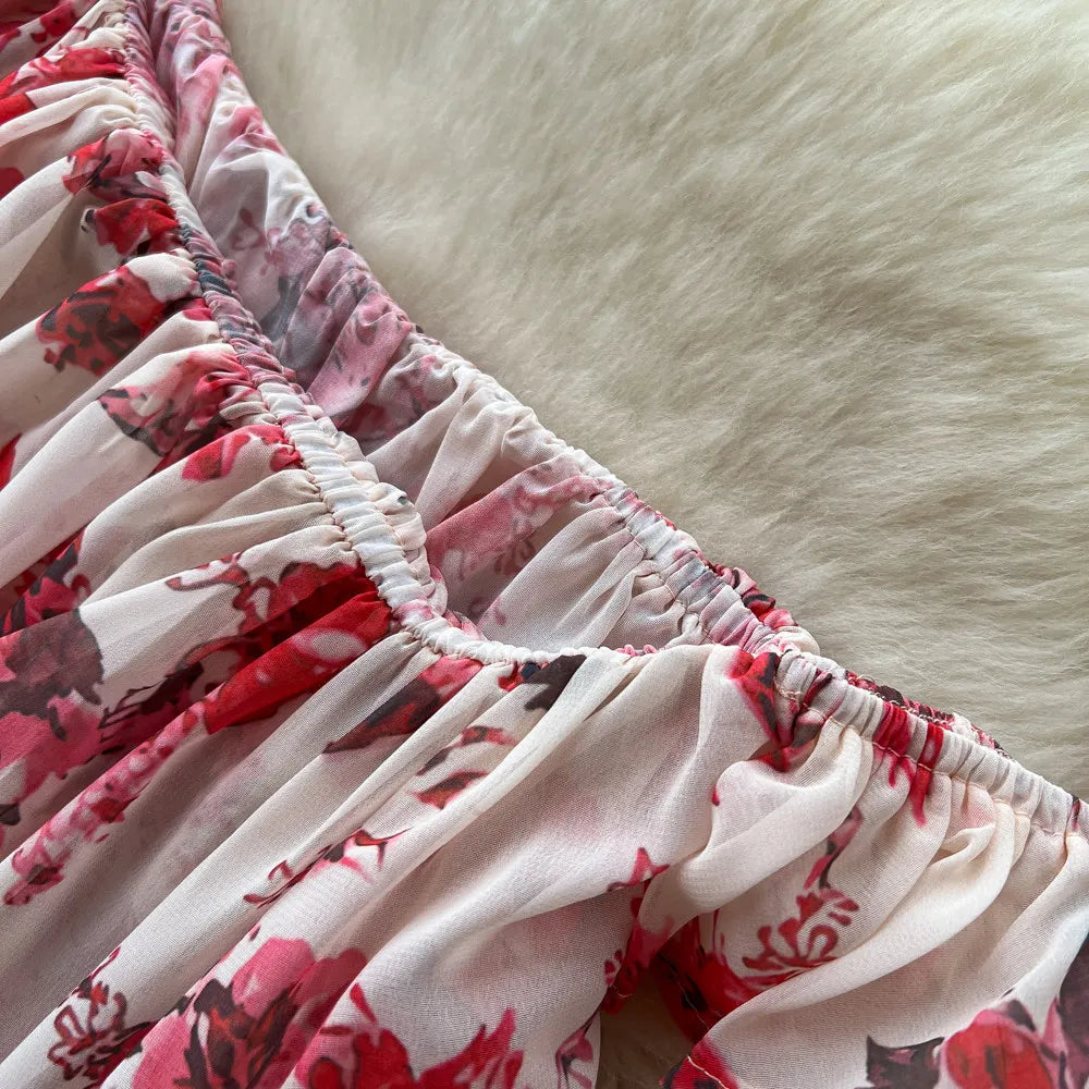 Completo due pezzi da donna: Top stampato floreale con spalle scoperte e gonna lunga a vita alta a trapezio, stile Y2K streetwear elegante e slim fit