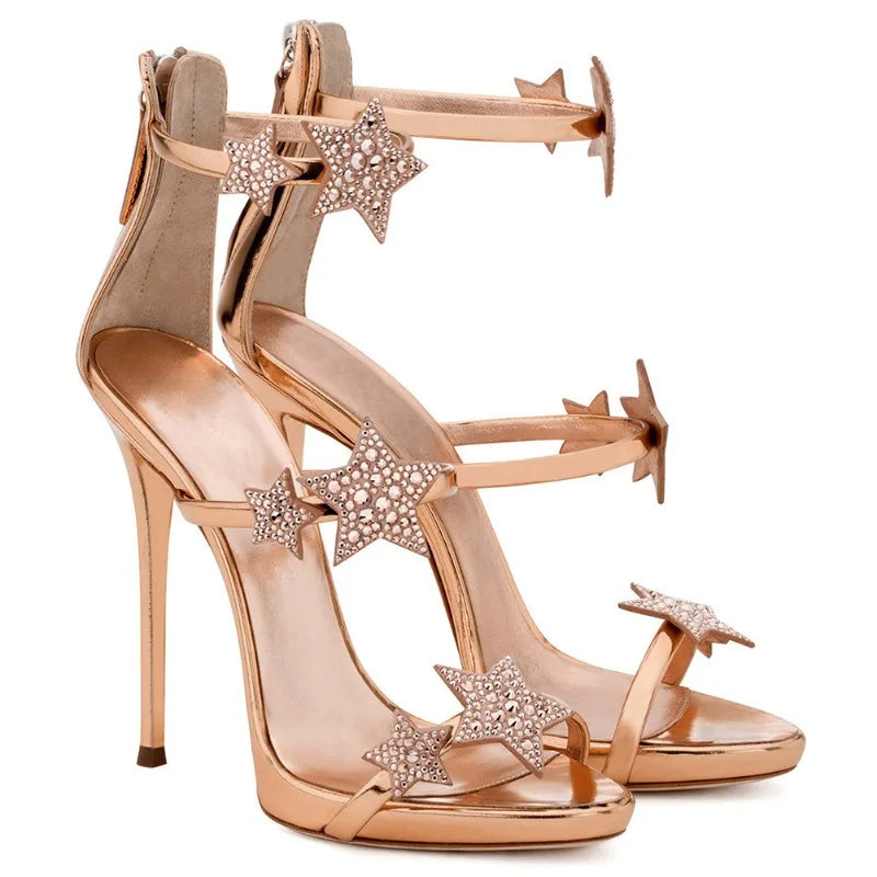 Nuovi Sandali Estivi da Donna con Diamanti e Bottoni a Stella, Tacchi a Spillo, Scarpe da Sposa Sexy con Punta Aperta, Tacchi Sottili, Calzature di Lusso di Nicchia
