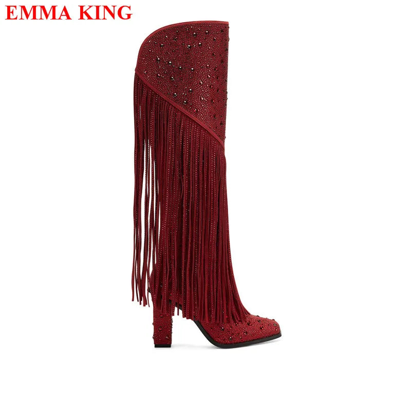Nuovi stivali femminili con frange alte al ginocchio con strass Tacchi grossi di lusso Stivali lunghi da donna Moda Nappa Punta a punta Scarpe da festa Donna