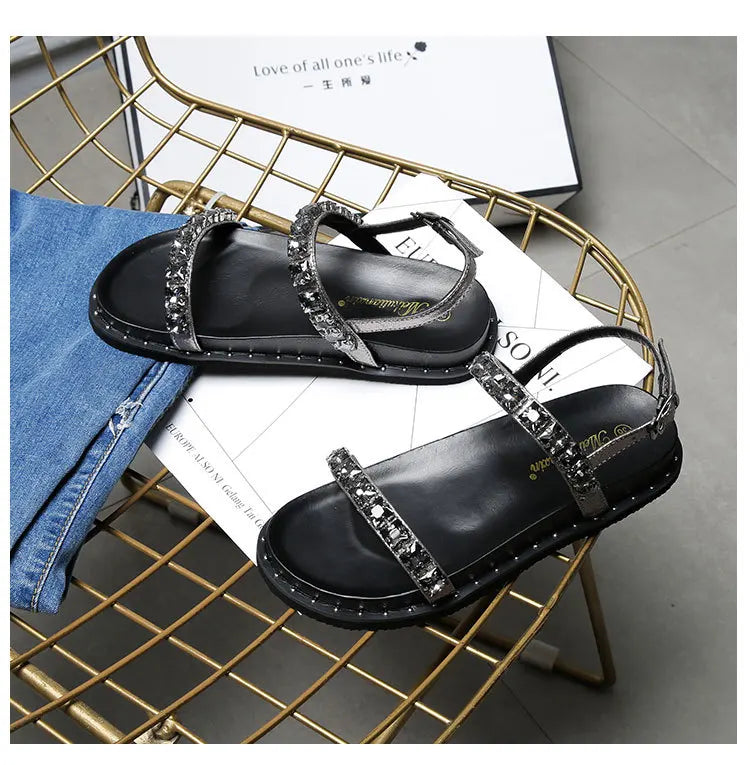sandali con plateau con fascia in strass donna fondo spesso piatto estivo sandali gladiatore mujer perline di cristallo sandali femininas 2025
