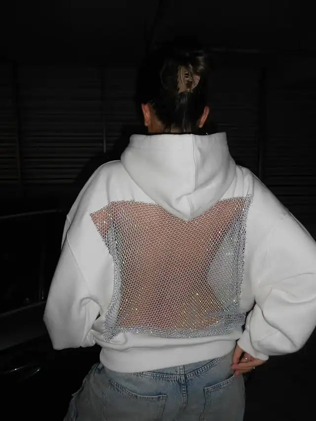 Felpa con cappuccio con strass e rivetti con ali d'angelo alla moda da donna gotica Y2K Abbigliamento Felpa oversize allentata casual Giacca pullover casual