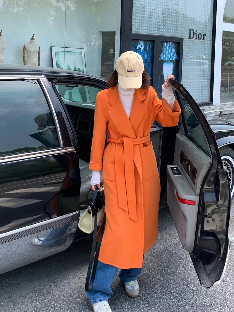 2024 Donne di Inverno di Lusso Fatti A Mano Cappotti di Lana Double Face 100% X-Lunghi Cappotti di Design Coreano Delle Donne Della Tuta Sportiva Cappotti Rosa