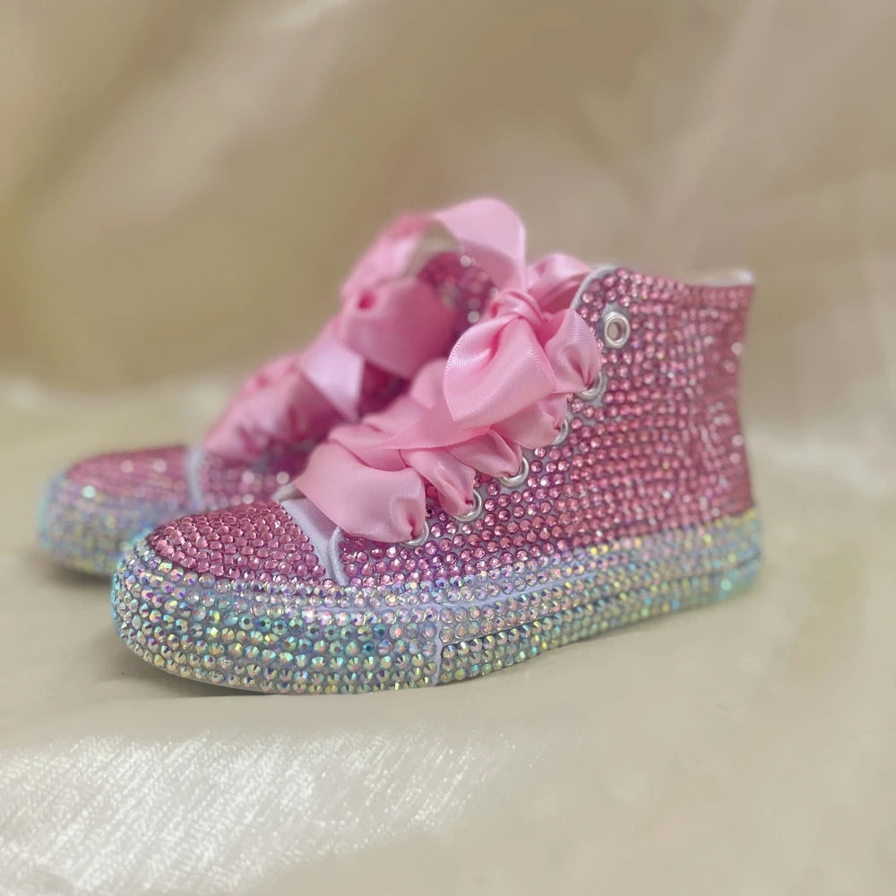 Scarpe da ginnastica Dollbling con strass scintillanti e cristalli, rosse, in tela, per Natale, matrimonio, damigella d'onore, prima comunione