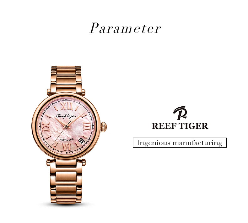 FolliFollie Orologio da donna automatico con quadrante in oro rosa e diamanti con numeri romani, cinturino in pelle, orologio da donna di lusso