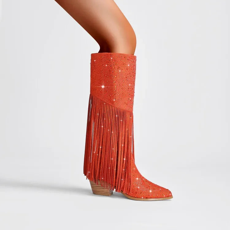 2024 nuovi stivali Chelsea al ginocchio con strass con cerniera nappe a punta moda lucida stivali da donna europei e americani 35-43