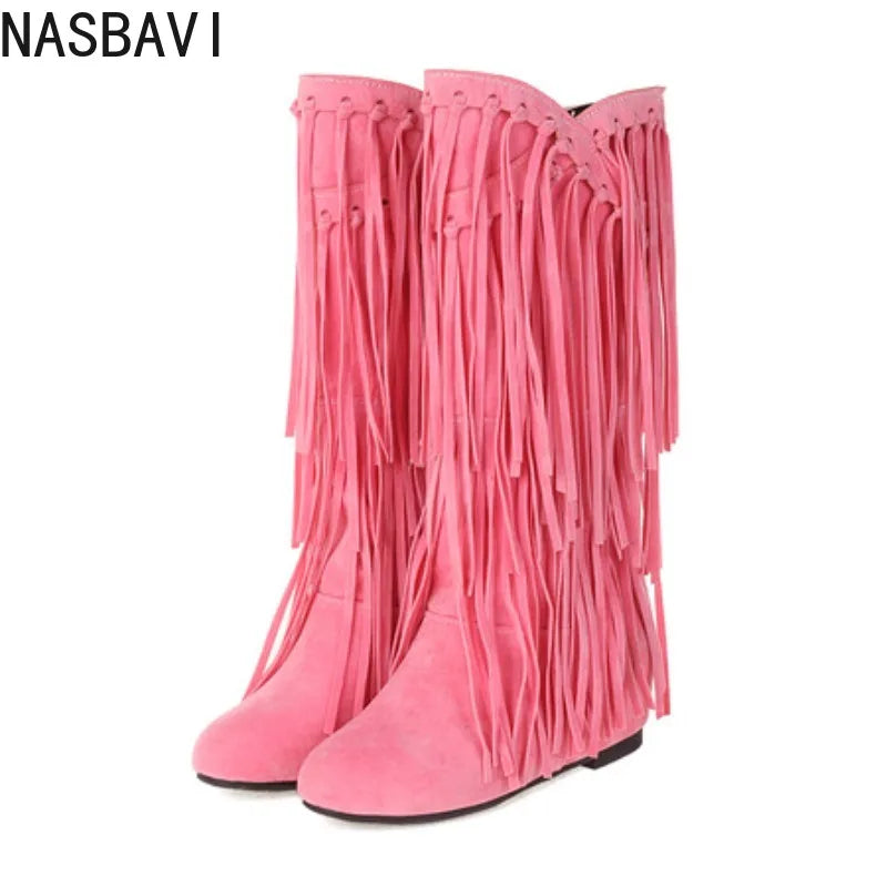 2025 Nuovi stivali alti Donna Bohemian Flock Nappa Stivali a metà polpaccio Stivaletti con zeppa Autunno Inverno Scarpe casual etniche zapatos de mujer