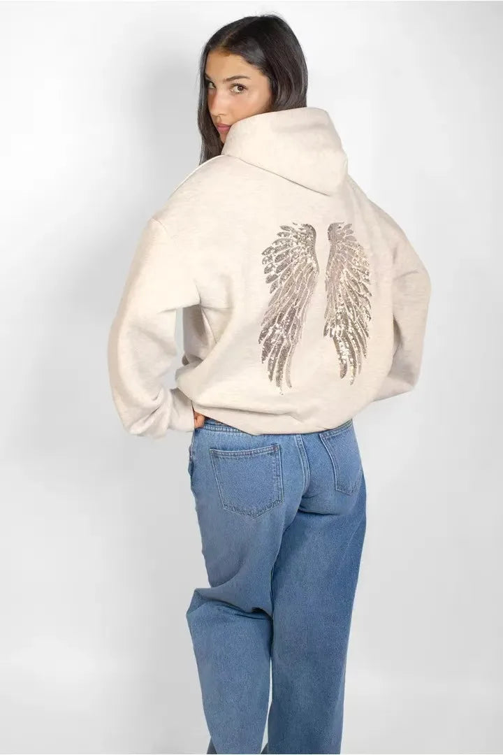 Felpe con Cappuccio da Donna con Stampa Ali d'Angelo in Paillettes, Maniche Lunghe, Tinta Unita, Stile Casual, Nuova Collezione 2025, Abbigliamento Streetwear Y2k