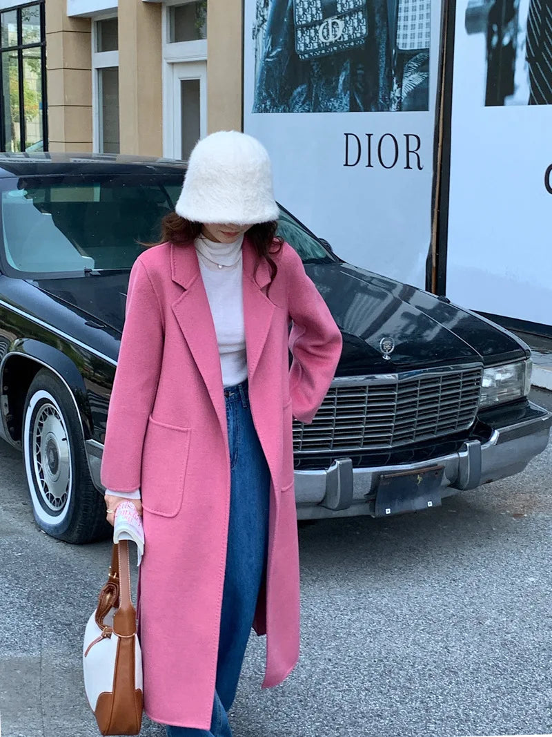 2024 Donne di Inverno di Lusso Fatti A Mano Cappotti di Lana Double Face 100% X-Lunghi Cappotti di Design Coreano Delle Donne Della Tuta Sportiva Cappotti Rosa