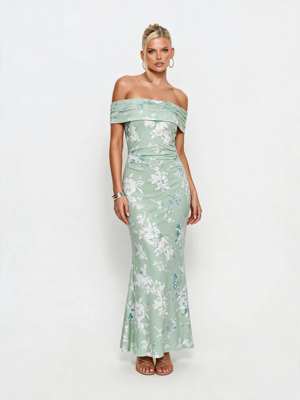 Abito lungo da donna a spalle scoperte con stampa floreale, elegante abito a sirena arricciato, abito aderente estivo da sera per feste, per signore.
