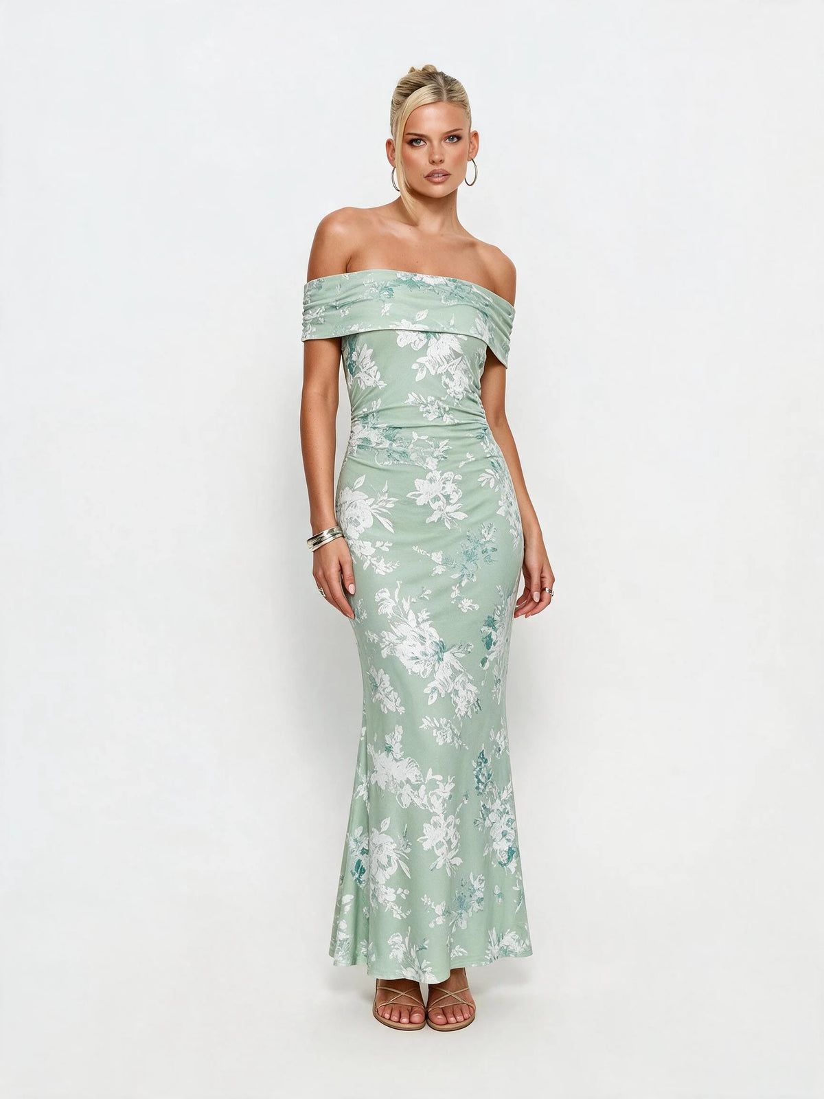 Abito lungo da donna a spalle scoperte con stampa floreale, elegante abito a sirena arricciato, abito aderente estivo da sera per feste, per signore.