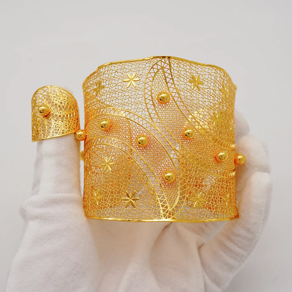 Bracciale color oro Dubai con anello per donna Bracciale con polsino a catena con ciondoli Bracciale indiano Arabo Francia Regali di gioielli da sposa