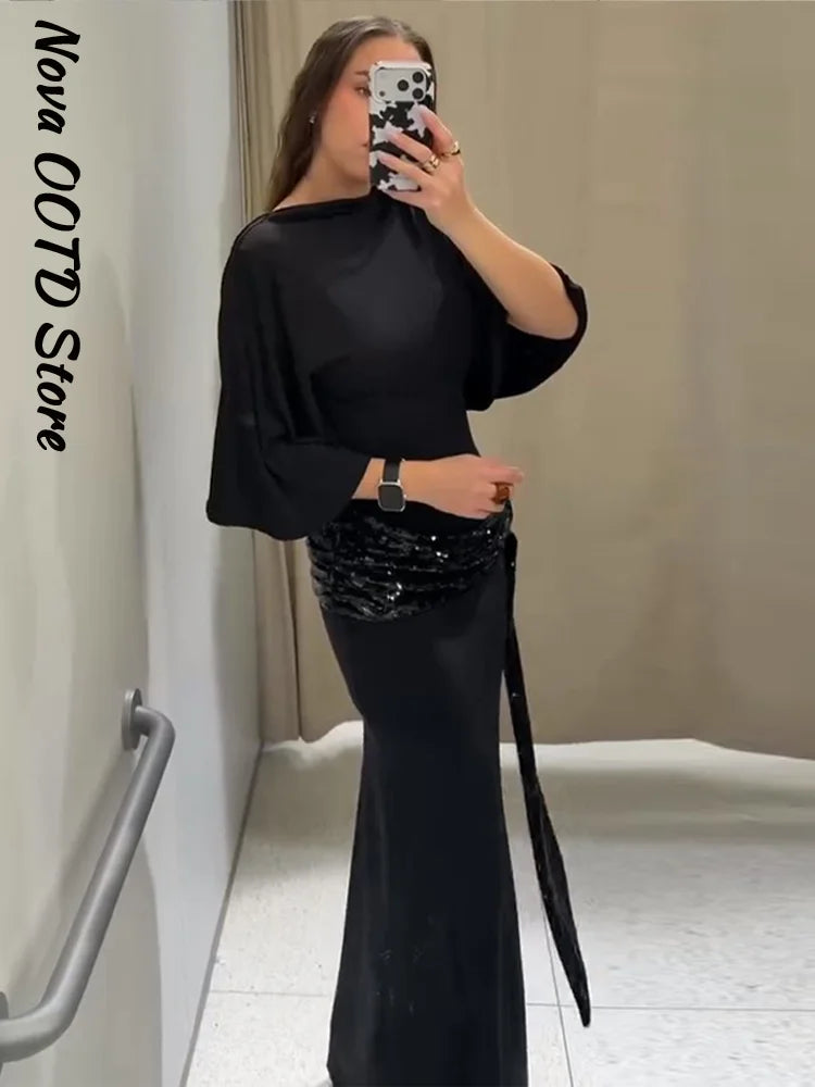 Sexy profondo scollo a V patchwork di pizzo con paillettes abito lungo da donna sottile senza maniche backless hip pacchetto abiti 2026 primavera abito da festa della signora