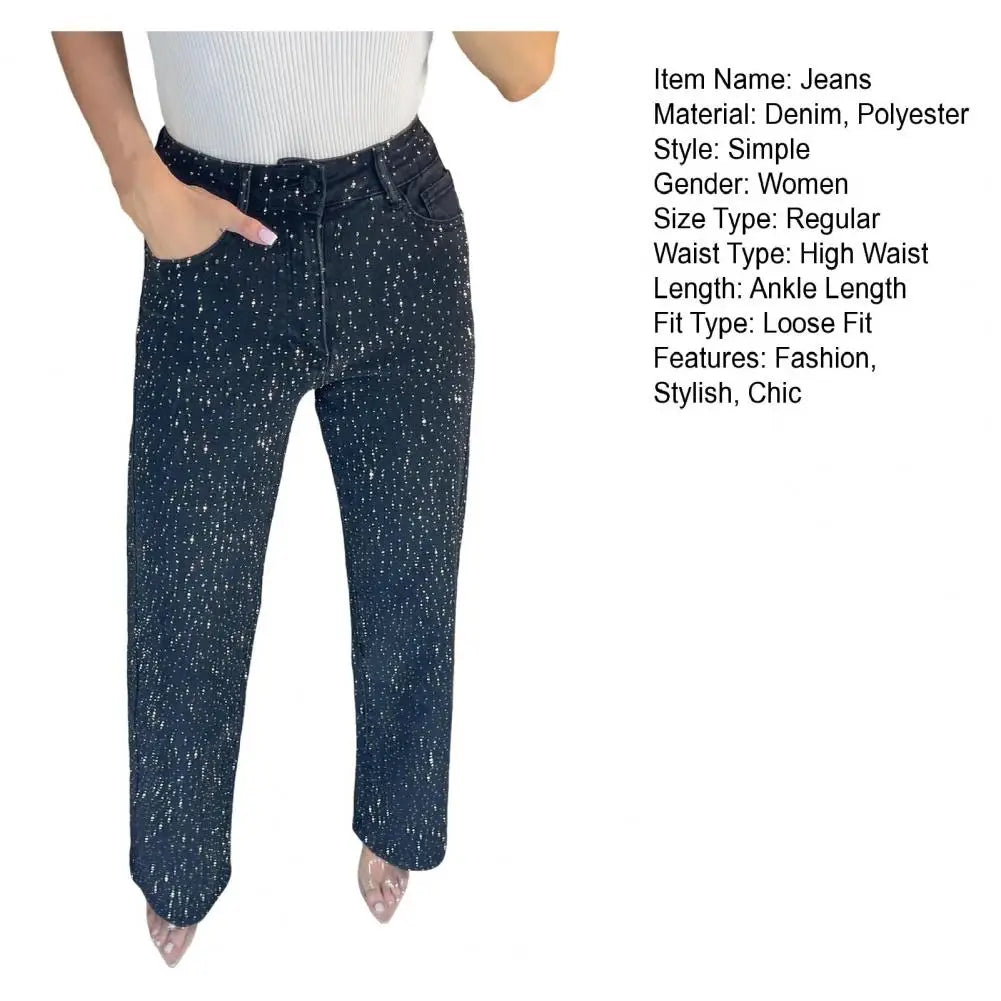 Jeans con perle finte per donna Pantaloni in denim elasticizzato a gamba dritta a vita alta Pantaloni larghi con perline a gamba larga casual Moda streetwear