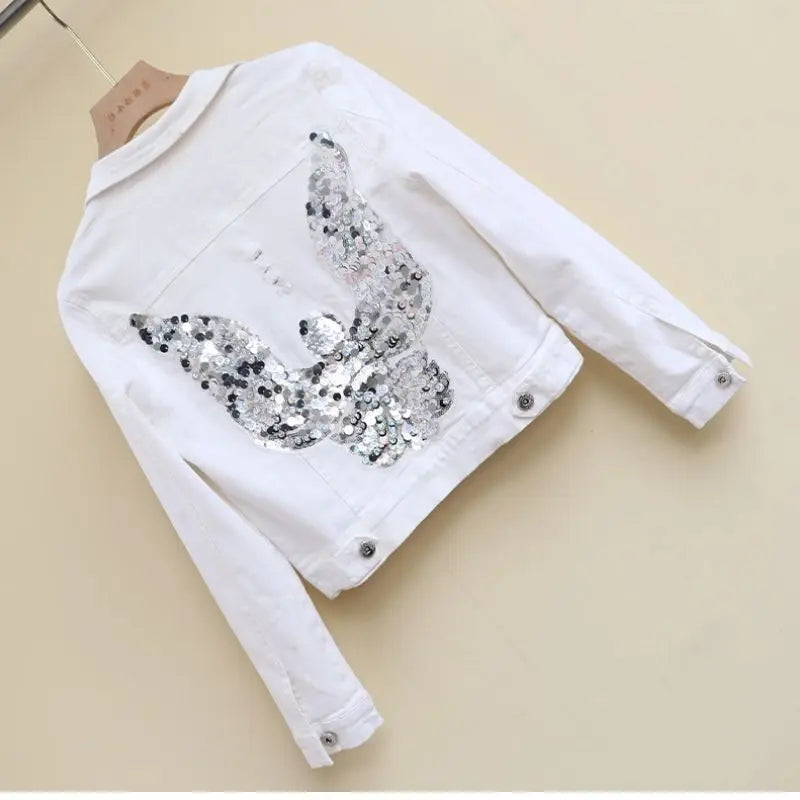 Giacca di Jeans Bianca con Paillettes da Donna, Abbigliamento Streetwear Primavera Autunno 2026, Nuova Giacca Corta Slim alla Moda con Ricami, Giacche in Denim Elasticizzato
