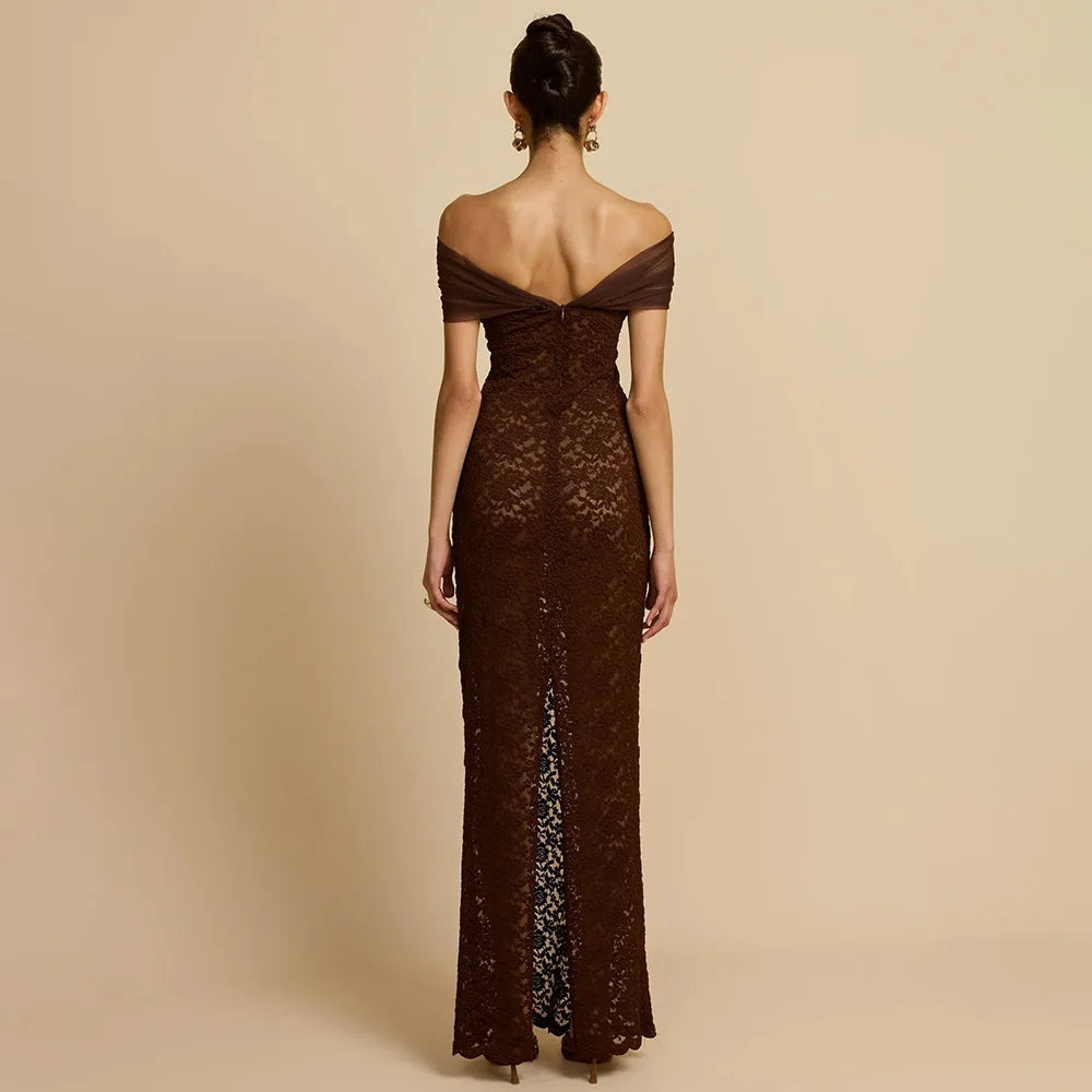Apprabant Donne 2025 Nuovo Off Spalla Sirena Abito Da Sera Sexy Sheer Lace Patchwork Maglia Sottile Abito Lungo Elegante Partywear