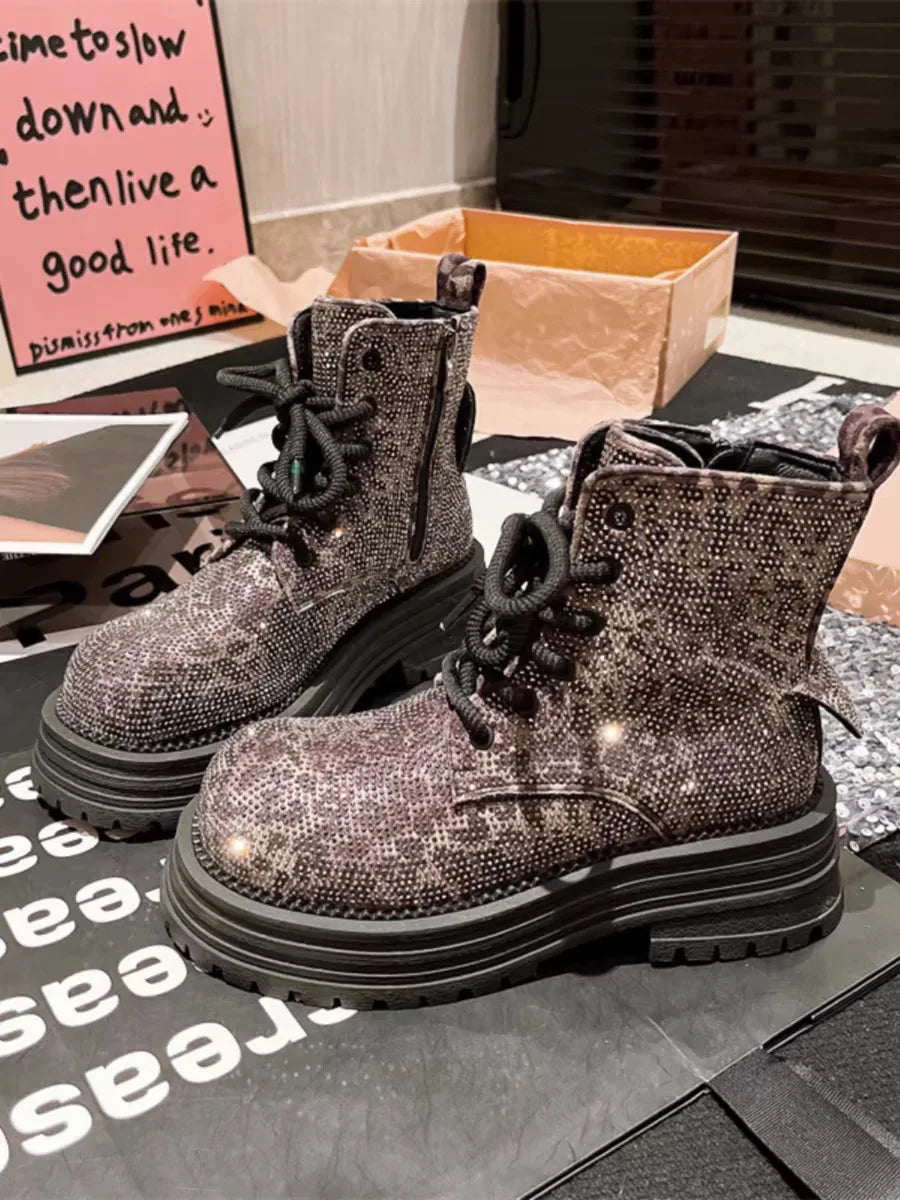 Stivali da donna invernali con stampa leopardata con lacci e strass stivaletti corti antiscivolo con piattaforma alla moda all'aperto stivali da cavaliere Botas Mujer
