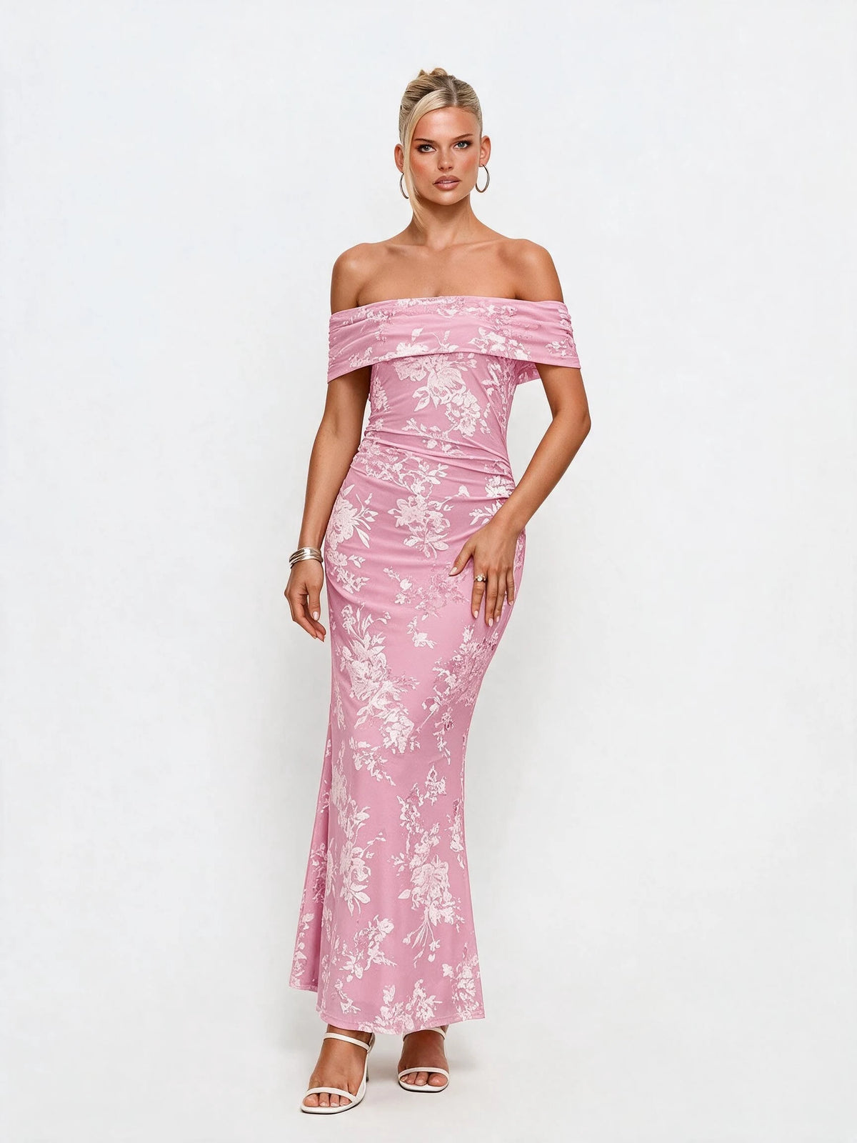 Abito lungo da donna a spalle scoperte con stampa floreale, elegante abito a sirena arricciato, abito aderente estivo da sera per feste, per signore.