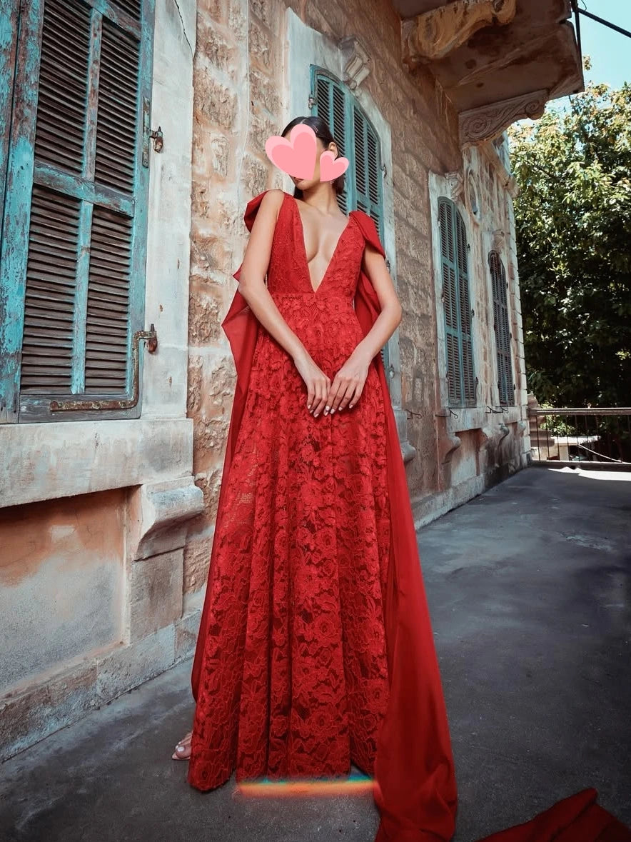 Oisslec Abito Elegante Vintage Sexy Rosso con Paillettes e Pizzo Scollo a V Nuovo Stile Personalizzabile per Occasioni Formali Abito da Ballo Vestito da Sera