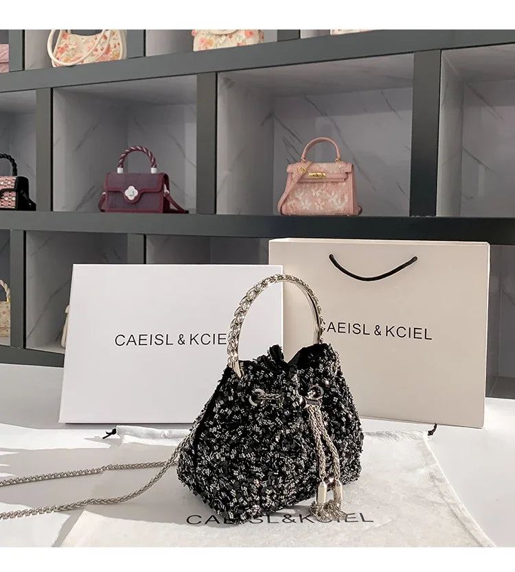 Borsa a mano da donna di lusso in metallo con paillettes scintillanti, pochette da sera, borsa a secchiello per feste di matrimonio, borsa a tracolla messenger