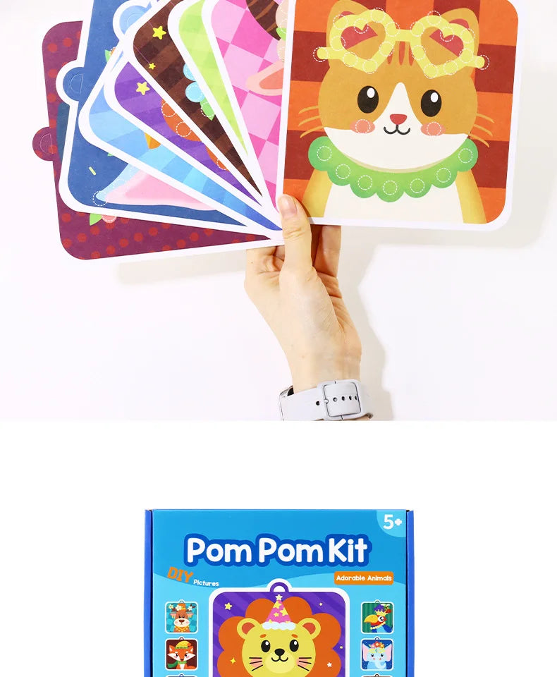 Handmade Material Children's Sticker Book Educational Early Learning Animal Pompom Art Kit Cartoon Montessori Pompom Crafts Toy