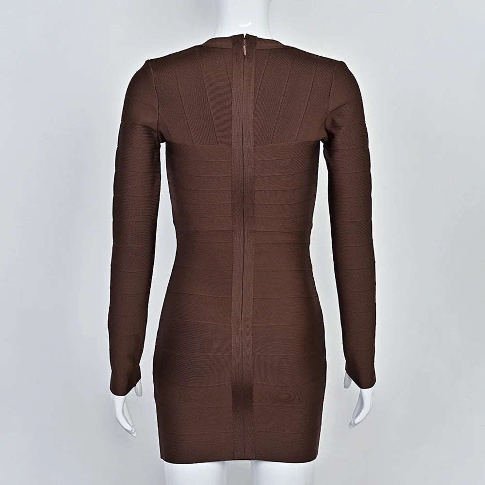 BEAUKEY Abito da Sera Sexy Mini con Scollo a V Profondo e Maniche Lunghe Beige, Vestito da Festa con Fasce, Abito da Clubwear Lungo Stile Runway