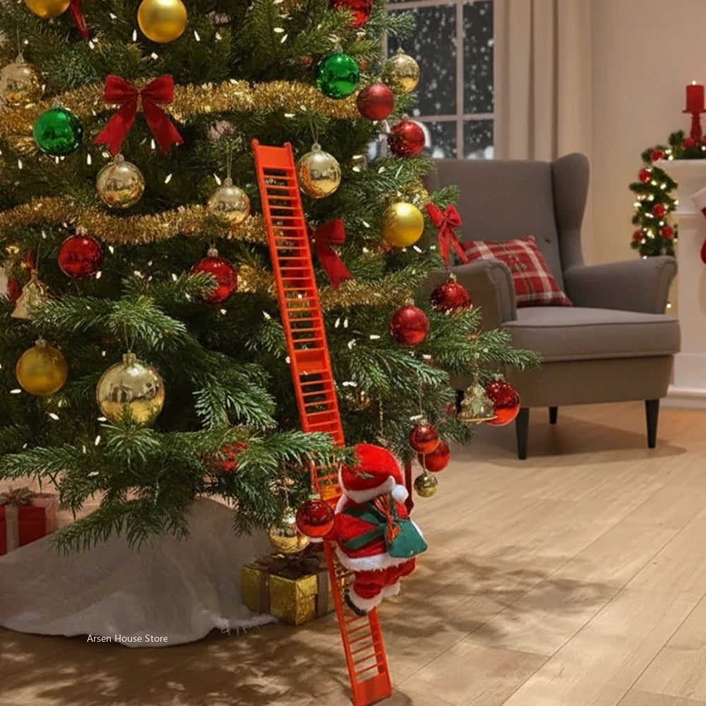 Electric Santa Claus Climbing Ladder Music Doll, Christmas Tree Hanging Ornaments, Decoration for Home, Navidad New Year Gift