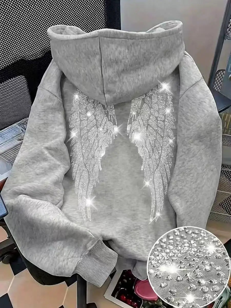 Felpa con cappuccio casual e ampio, design minimalista di tendenza 2026 con ali e strass, giacca pullover