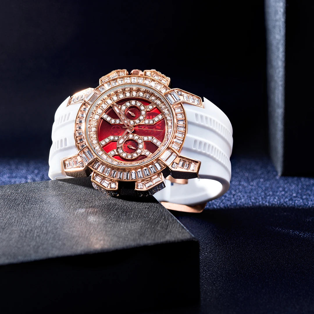 MISSFOX Nuovo Orologio Al Quarzo Rosso Per Gli Uomini di Lusso Hip Hop Streetwear Orologio Impermeabile Orologi Con Diamanti Orologi Da Polso Da Uomo Al Quarzo AAA