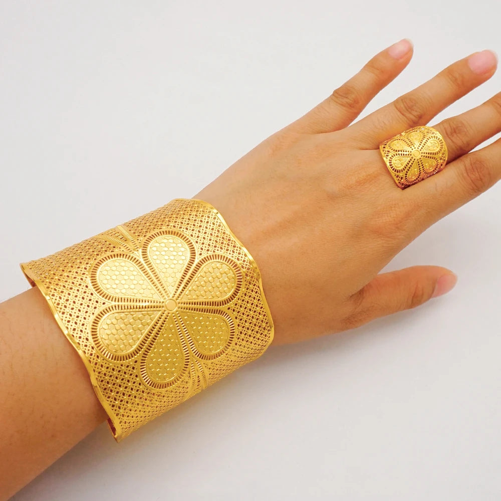 Bracciale color oro Dubai con anello per donna Bracciale con polsino a catena con ciondoli Bracciale indiano Arabo Francia Regali di gioielli da sposa