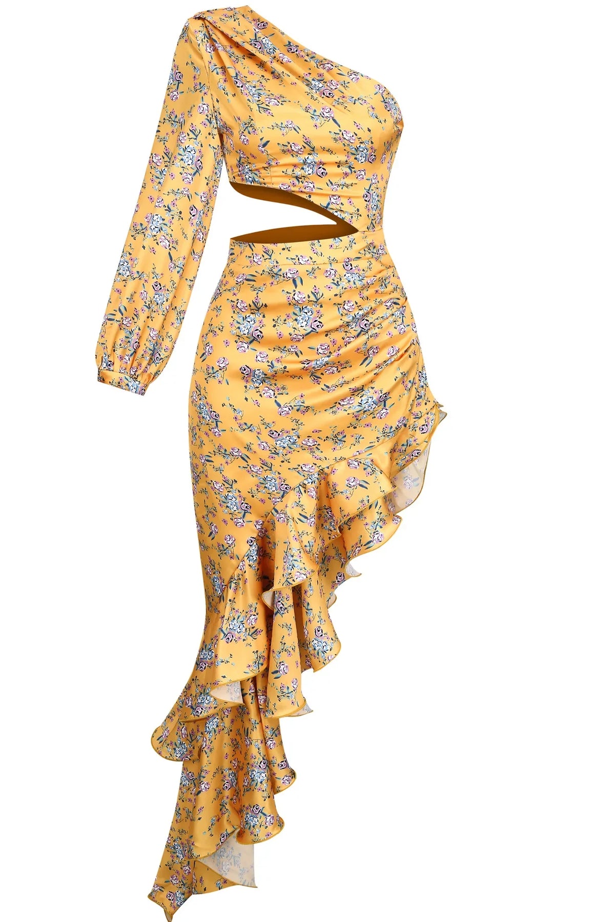 Abito Elegante e Sexy con Stampa Floreale, Orlo Asimmetrico, Collo Alto, Maniche a Palloncino, Lunghezza al Ginocchio
