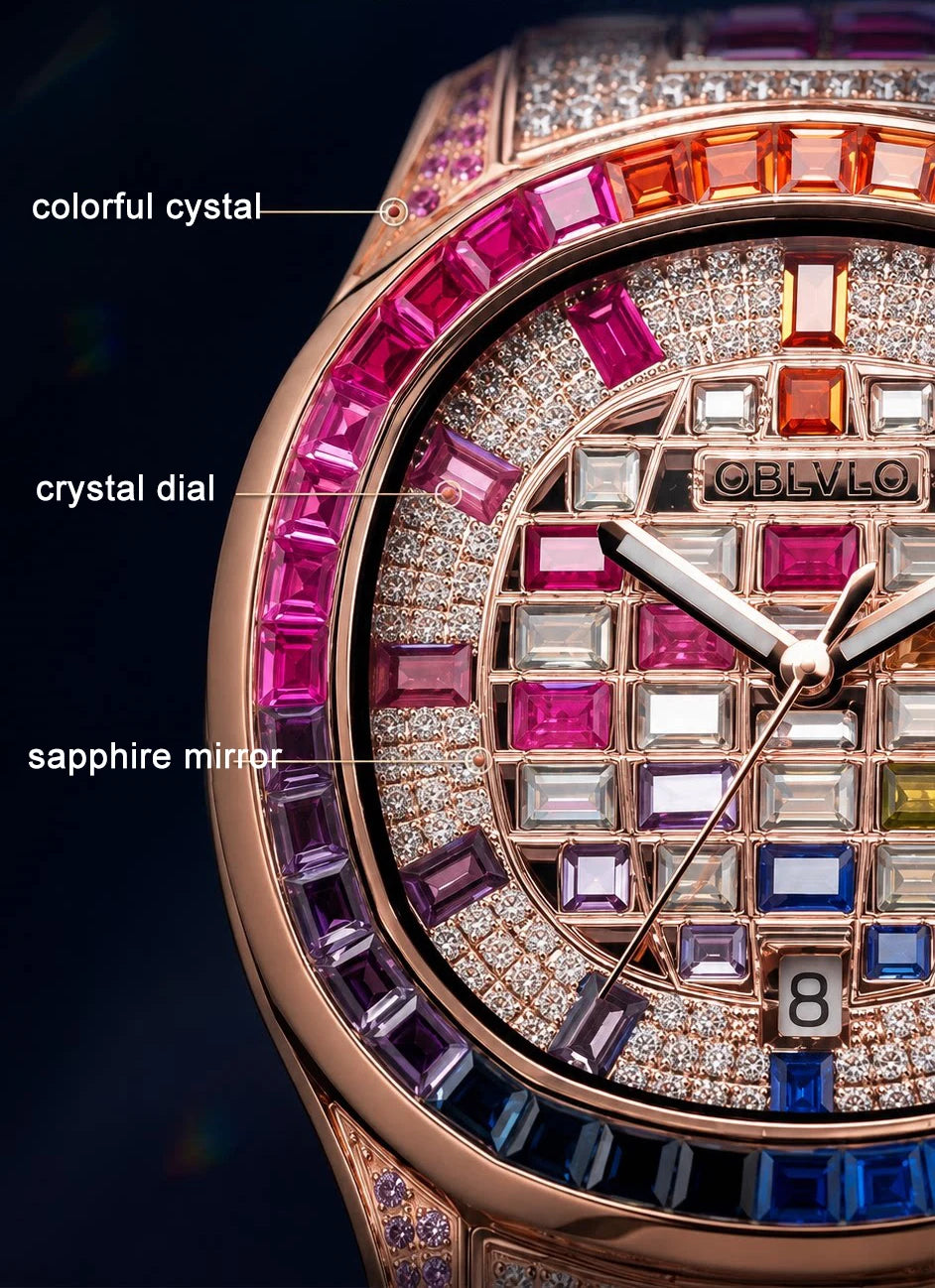 OBLVLO Orologio Automatico da Uomo 40mm Quadrato, Orologio da Polso Meccanico Impermeabile con Quadrante e Cinturino Incastonati di Cristallo, Vetro Zaffiro Luminoso