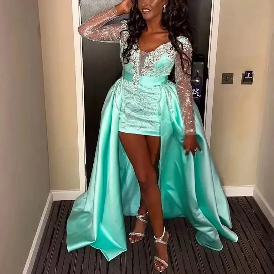 Abiti per occasioni speciali alti e bassi con paillettes turchesi Gonna oversize trasparente Abito lungo da ballo Abiti da sera con perline Maniche