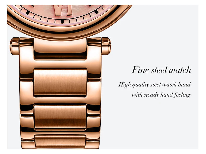 FolliFollie Orologio da donna automatico con quadrante in oro rosa e diamanti con numeri romani, cinturino in pelle, orologio da donna di lusso