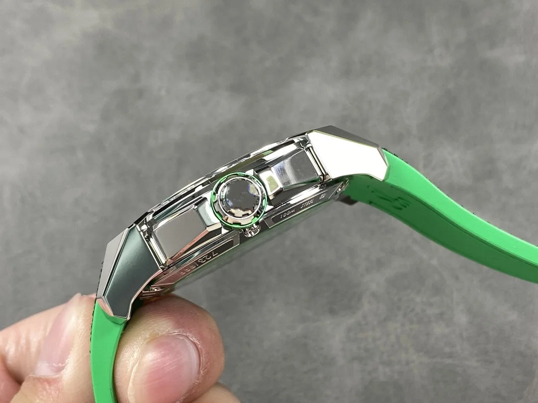 Orologio Meccanico Automatico Sportivo con Quadrante Scheletrato, Ghiera Verde e Cinturino in Silicone
