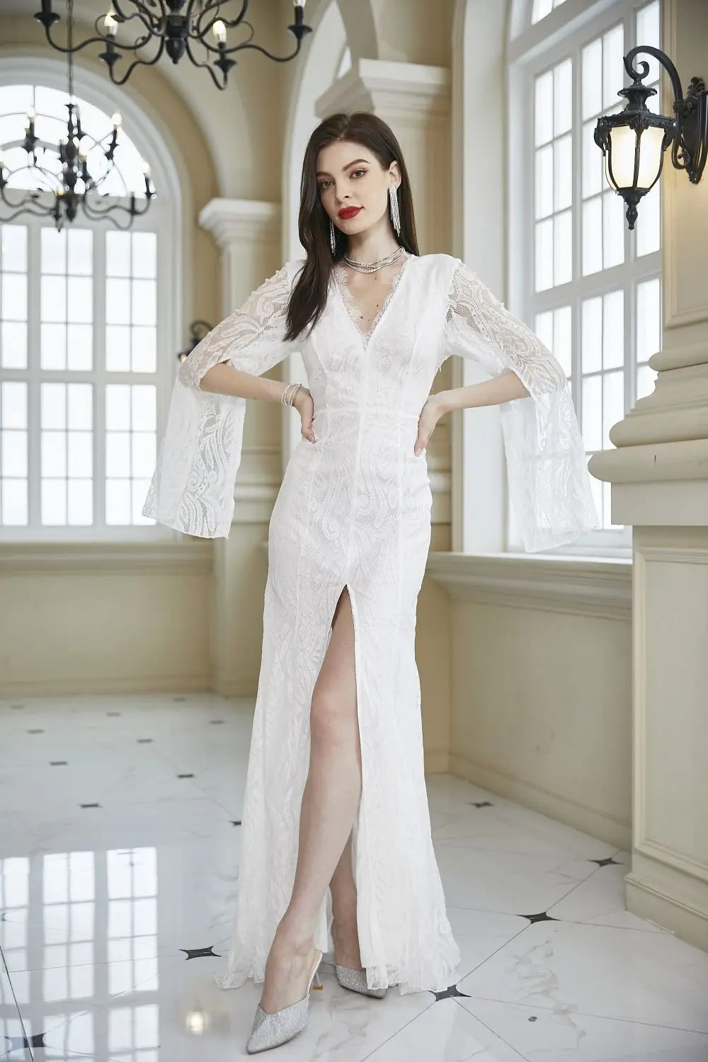 Abito in Pizzo da Donna Primavera Estate, Vestito da Damigella d'Onore, Abito da Sera per Ospiti di Matrimonio, Manica Lunga, Scollo a V, Aderente, Bordeaux