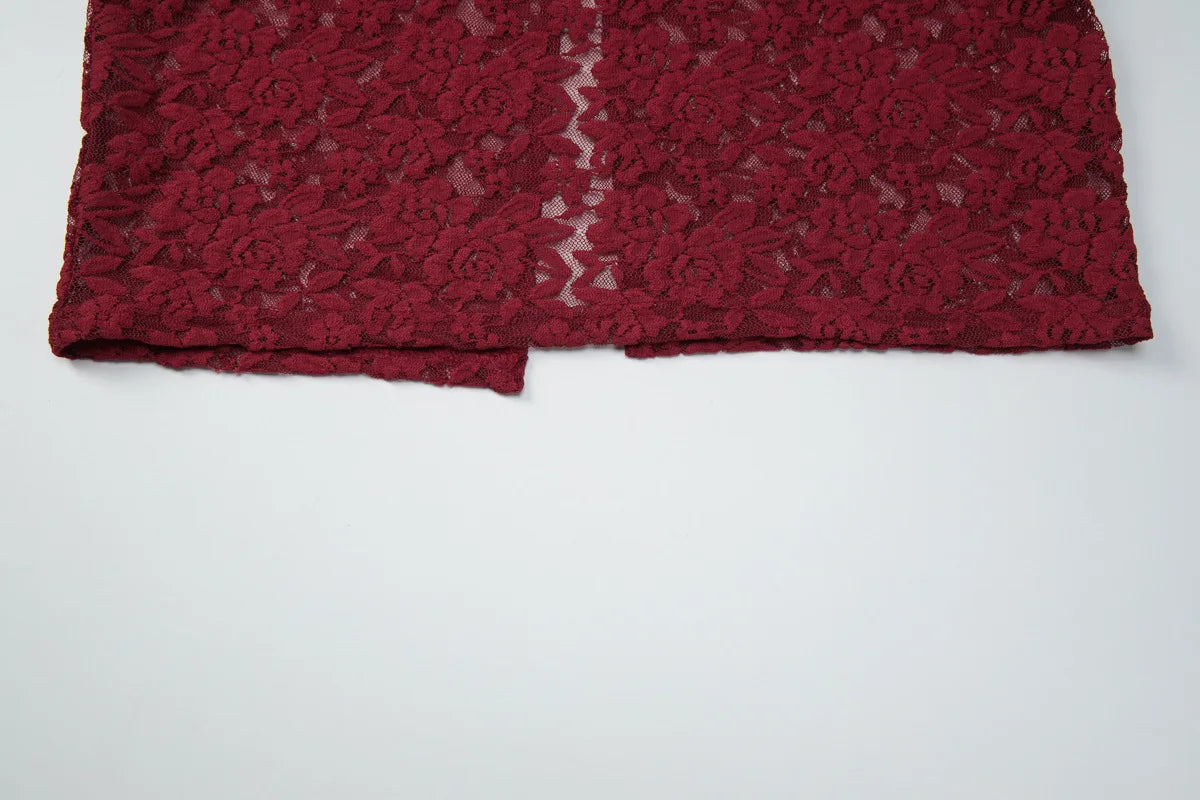 CHNMR Abito Cheongsam Sexy in Pizzo Rosso Senza Maniche, Vestito Lungo Aderente con Scollo a Goccia, Abito da Sera per Feste e Cerimonie, Abbigliamento Formale da Donna