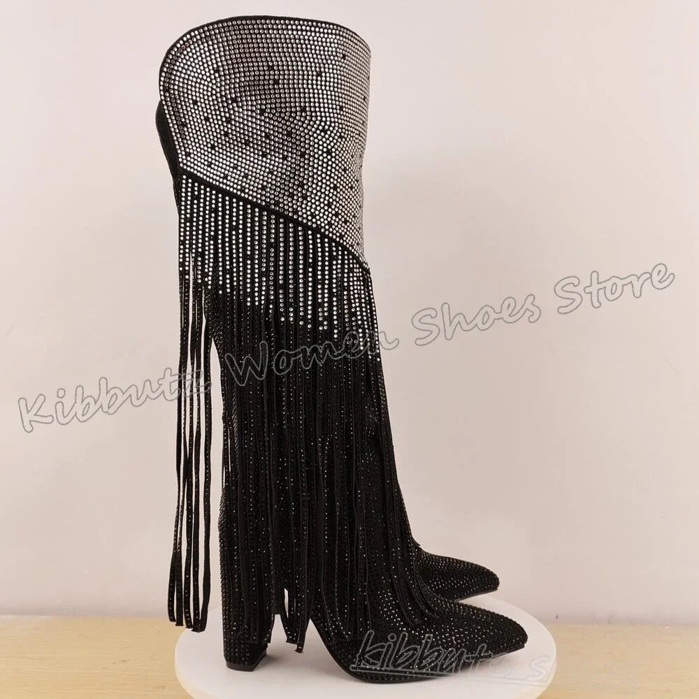 Stivali alti al ginocchio in cristallo Scarpe da donna lucide I più nuovi Slip-On Tacchi grossi a punta Novità di lusso Elegante conciso Moda sexy Lusso