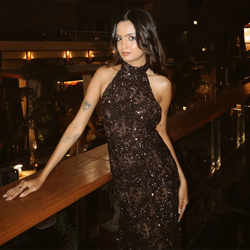 Sexy profondo scollo a V patchwork di pizzo con paillettes abito lungo da donna sottile senza maniche backless hip pacchetto abiti 2026 primavera abito da festa della signora