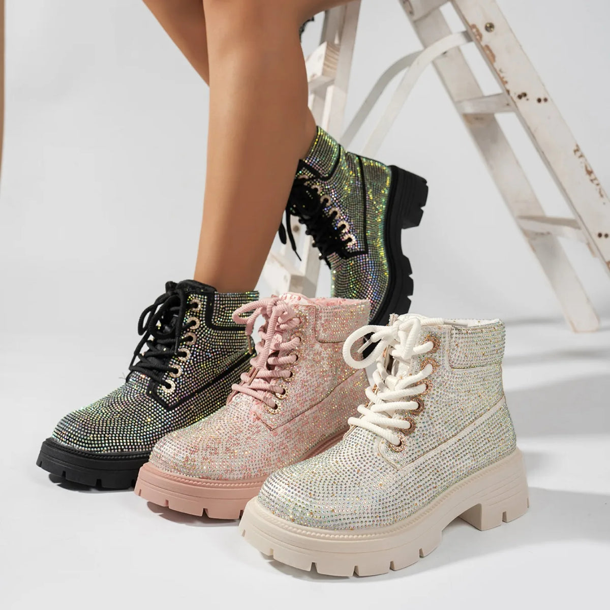 Stivaletti da Donna 2026 di Lusso con Strass e Lacci, Nuovi, Punta Tonda, Suola Spessa, Comodi, Stile Semplice, Scarpe Casual da Donna