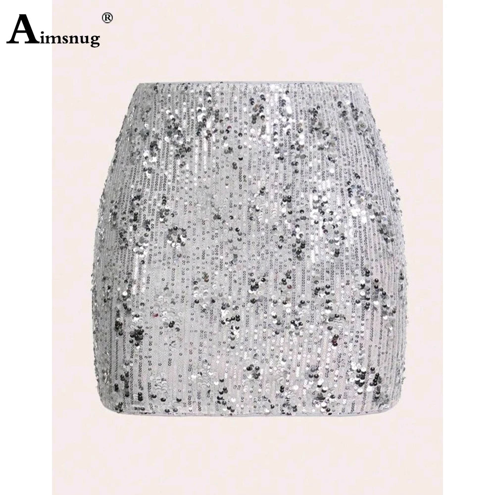 Aimsnug 2025 Moda sexy Paillettes Gonna Donna Pantaloncini taglio alto Argento Oro Morbido Danza Pantaloncini Hip Hop Elastico in vita Gonne a tubino