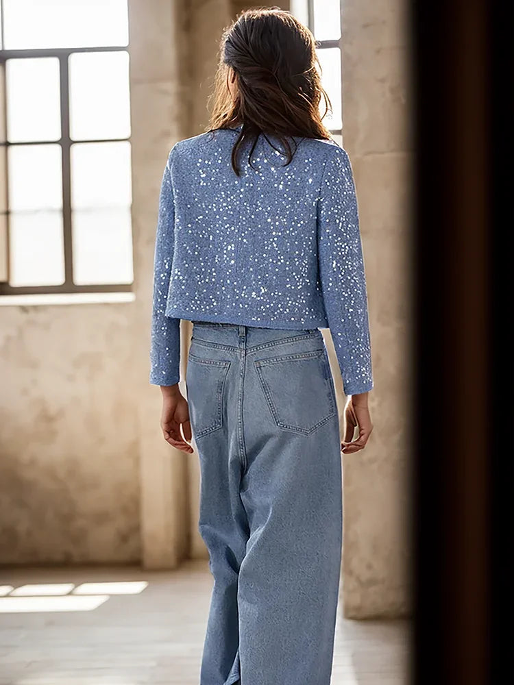 BKQU eleganti giubbotti Bomber con paillettes moda donna maniche lunghe o-collo cappotti corti 2024 autunno inverno donna capispalla High Street
