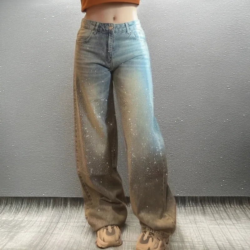 Jeans a Gamba Larga con Diamanti Scintillanti, Vita Alta, Vestibilità Ampia, Lunghezza al Pavimento, Stile Artistico Retrò, Moda Casual, Collezione Primavera