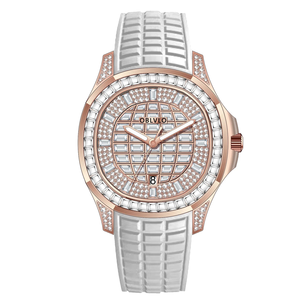 Orologio Quadrato di Lusso da Uomo OBLVLO con Movimento Meccanico Automatico, Diamanti Rosa, Cinturino in Silicone, Impermeabile FM-DSL