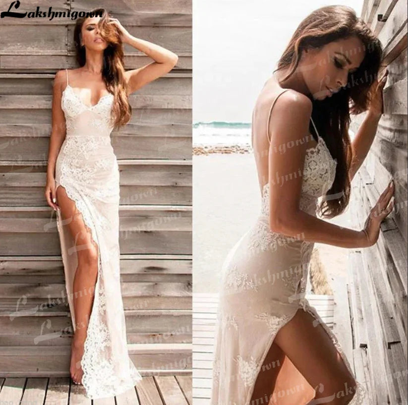 Splendido tubino con spalline sottili abito da ballo senza schienale in pizzo applique con spacco laterale abito da sera فسات Бmaveraات personalizzato