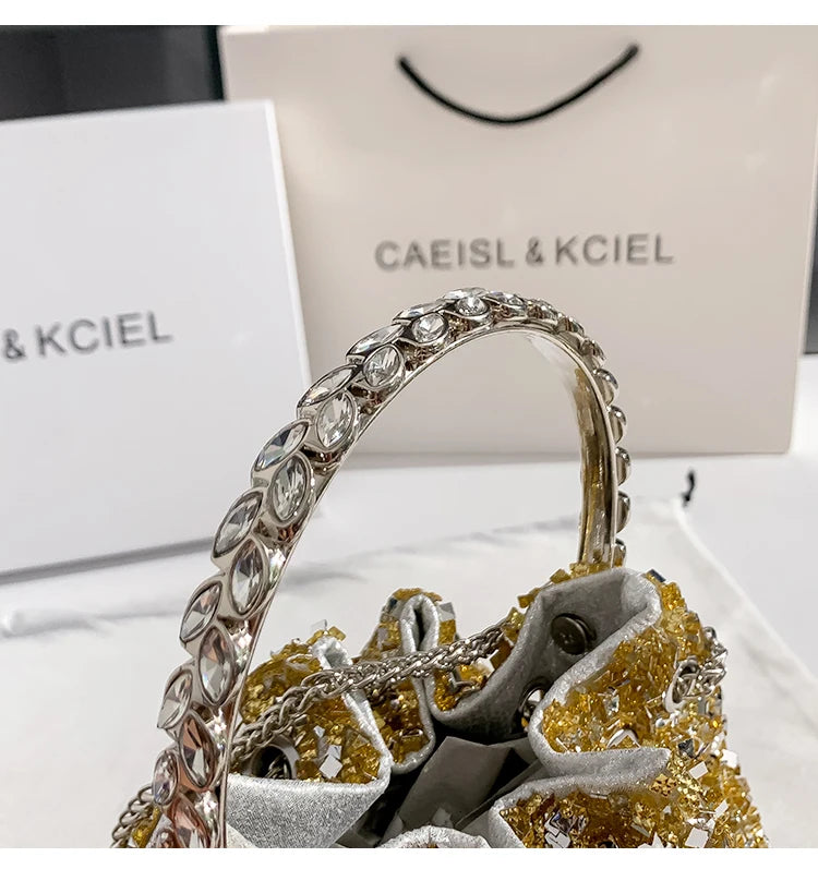 Borsa a mano da donna di lusso in metallo con paillettes scintillanti, pochette da sera, borsa a secchiello per feste di matrimonio, borsa a tracolla messenger