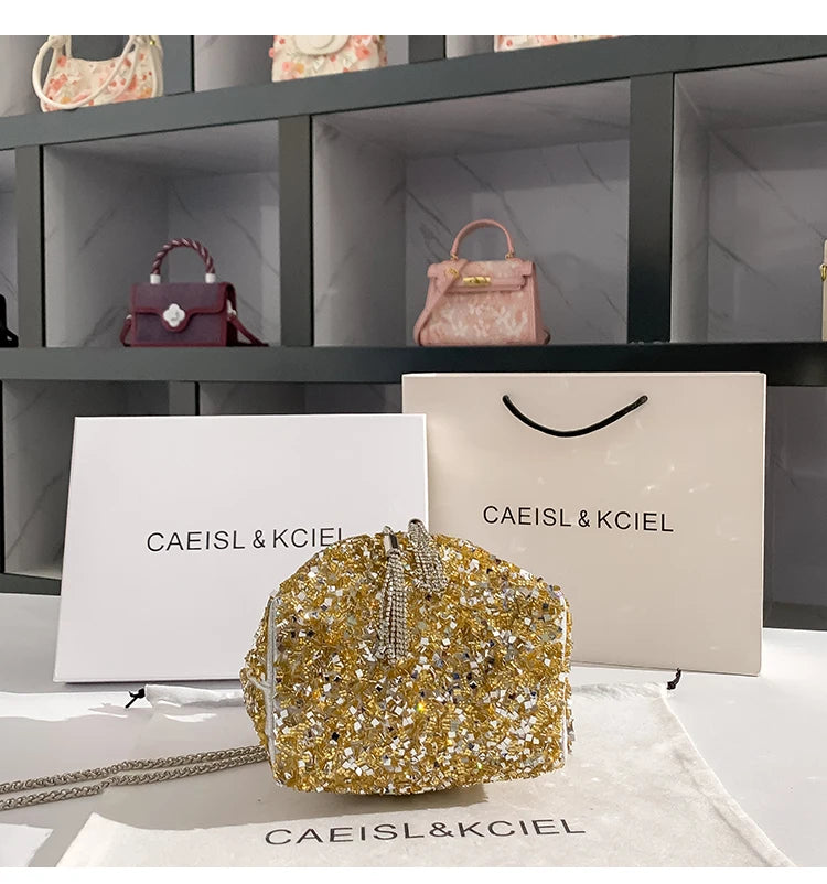 Borsa a mano da donna di lusso in metallo con paillettes scintillanti, pochette da sera, borsa a secchiello per feste di matrimonio, borsa a tracolla messenger